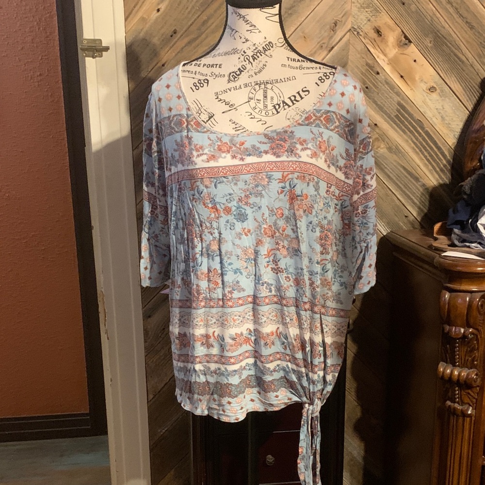 ONE WORLD Light Blue Floral Tie-Hem Tunic